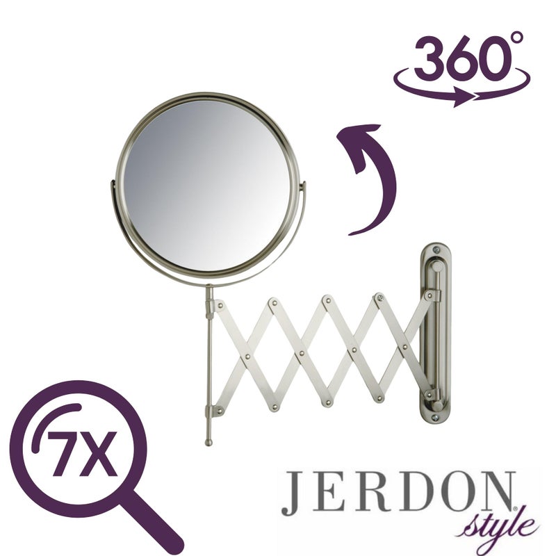 JERDON Two-Sided Wall-Mounted Makeup Mirror - Makeup Mirror with 7X Magnification & Extendable Arm - 8-inch Diameter Mirror with Nickel Finish Wall Mount - Model JP2027N - Image 3