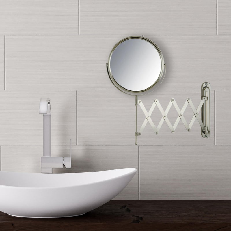 JERDON Two-Sided Wall-Mounted Makeup Mirror - Makeup Mirror with 7X Magnification & Extendable Arm - 8-inch Diameter Mirror with Nickel Finish Wall Mount - Model JP2027N - Image 5