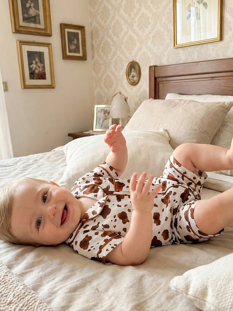 Baby Boys Girls Summer Pajamas Adorable Cow Print Short Sleeve Turn Down Collar Button Down Jumpsuit - Image 2