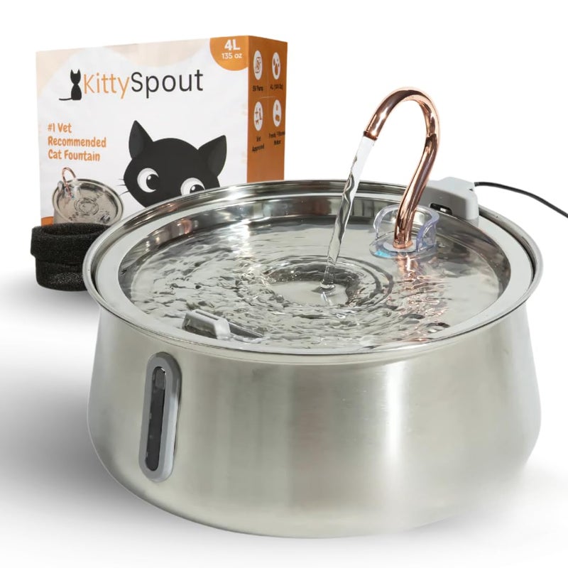 KittySpout Stainless Steel Cat Water Fountain Automatic Drinking Fountain, Quiet Circulating Water Bowl, Dishwasher Safe, Indoor Pet Fountain for Hydrated Healthy Cats (Stainless Steel, 4L Corded) - Image 1