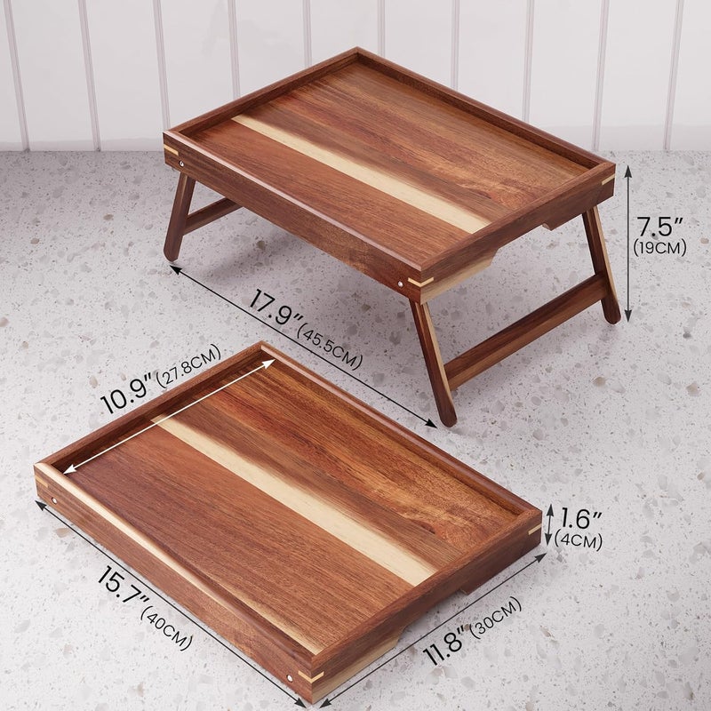 Fibogollo 2 Pack Acacia Wood Bed Tray Table with Folding Legs,Breakfast Trays,Serving Tray for Food and Snack,Laptop Trays for Working(Natural) - Image 2