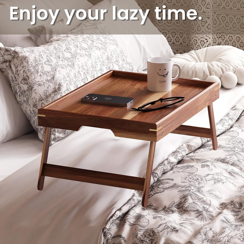 Fibogollo 2 Pack Acacia Wood Bed Tray Table with Folding Legs,Breakfast Trays,Serving Tray for Food and Snack,Laptop Trays for Working(Natural) - Image 3