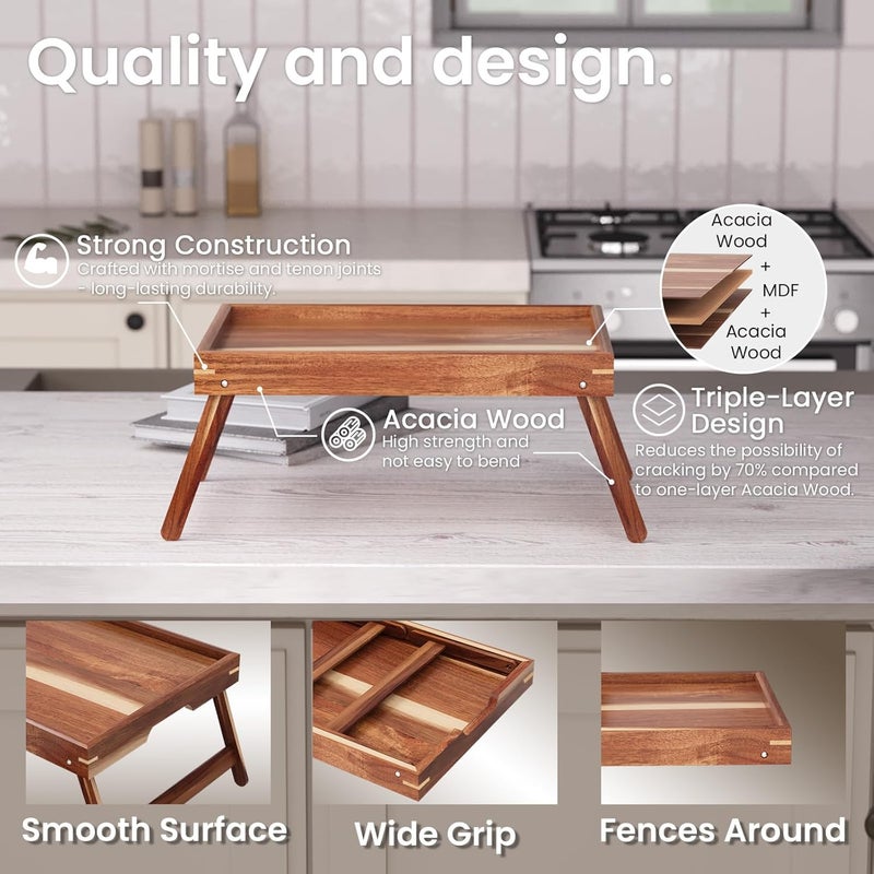 Fibogollo 2 Pack Acacia Wood Bed Tray Table with Folding Legs,Breakfast Trays,Serving Tray for Food and Snack,Laptop Trays for Working(Natural) - Image 4