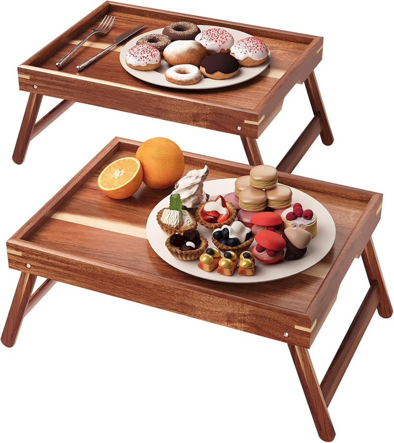 Fibogollo 2 Pack Acacia Wood Bed Tray Table with Folding Legs,Breakfast Trays,Serving Tray for Food and Snack,Laptop Trays for Working(Natural) - Image 1