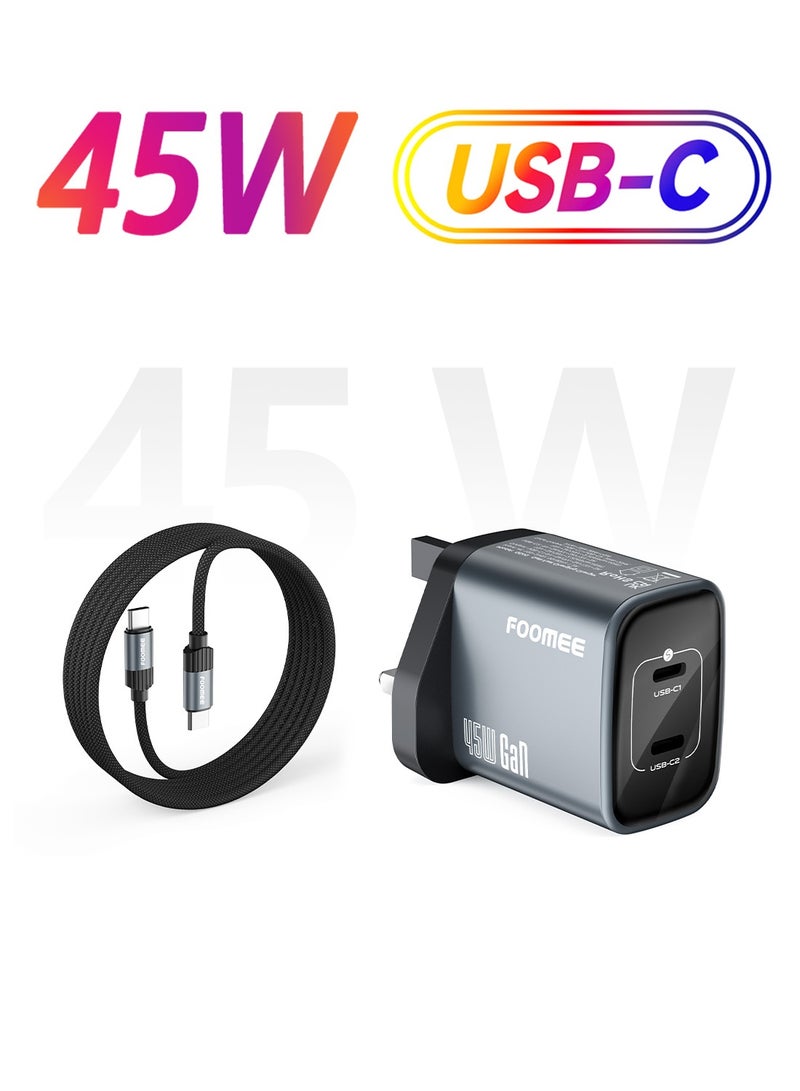 فو ميالتكنولوجيا المحدودة شاحن 45 واط GaN ثنائي المنافذ USB-C، شاحن سريع PD مع كابل، متوافق مع أجهزة الكمبيوتر المحمولة، شحن فائق السرعة لأجهزة Samsung S26 Ultra/S25/S24/S23، وسلسلة iPhone 17/16 وما إلى ذلك (مع كابل من النوع C إلى النوع C بطول 3.3 قدم). - Image 1