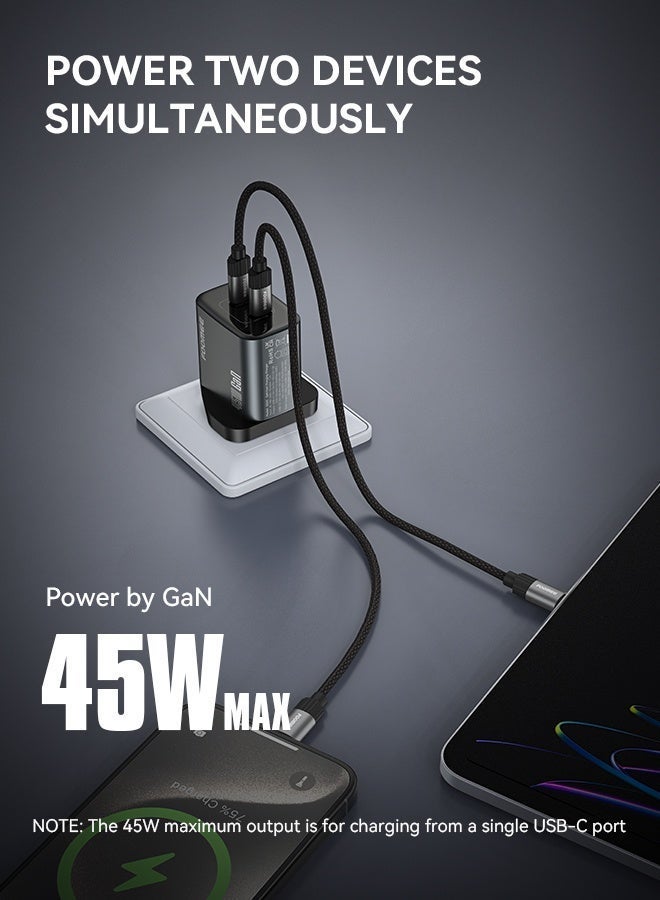 فو ميالتكنولوجيا المحدودة شاحن 45 واط GaN ثنائي المنافذ USB-C، شاحن سريع PD مع كابل، متوافق مع أجهزة الكمبيوتر المحمولة، شحن فائق السرعة لأجهزة Samsung S26 Ultra/S25/S24/S23، وسلسلة iPhone 17/16 وما إلى ذلك (مع كابل من النوع C إلى النوع C بطول 3.3 قدم). - Image 4