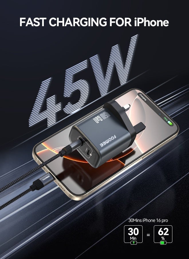 فو ميالتكنولوجيا المحدودة شاحن 45 واط GaN ثنائي المنافذ USB-C، شاحن سريع PD مع كابل، متوافق مع أجهزة الكمبيوتر المحمولة، شحن فائق السرعة لأجهزة Samsung S26 Ultra/S25/S24/S23، وسلسلة iPhone 17/16 وما إلى ذلك (مع كابل من النوع C إلى النوع C بطول 3.3 قدم). - Image 2