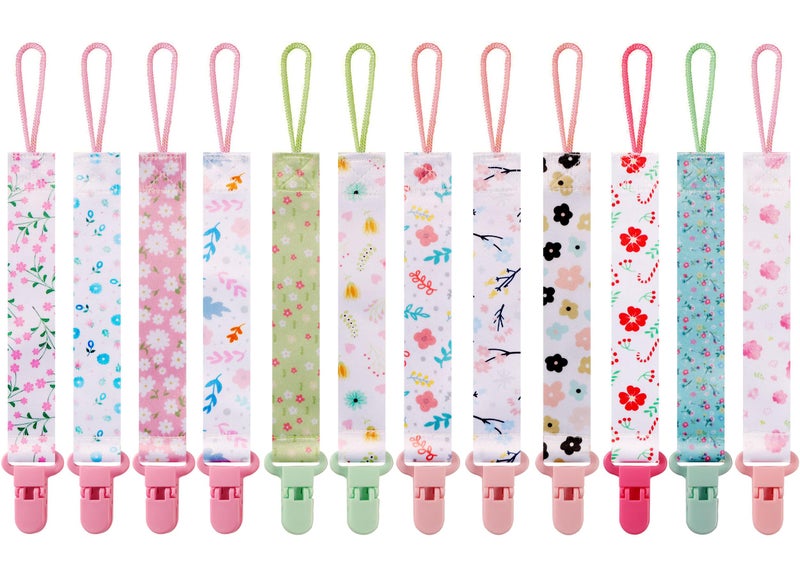 Tamhoo 12 Pack Pacifier Clips with Adjustable Strap (32-46.5cm)/Short Strap(25.5cm) - Premium Polyester Baby Pacifier Holder Set, Multi-Design Clips for Boys Girls (Multicolor D 25.5cm) - Image 1