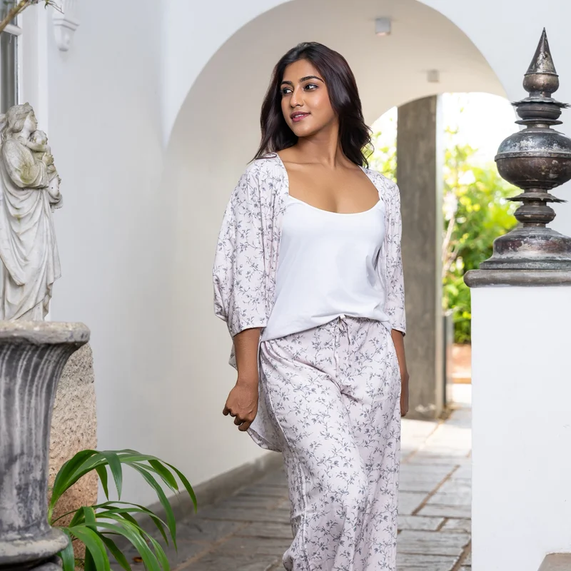 Aadaraya Aadaraya Pyjama Set Kimono with Camisole and Pants