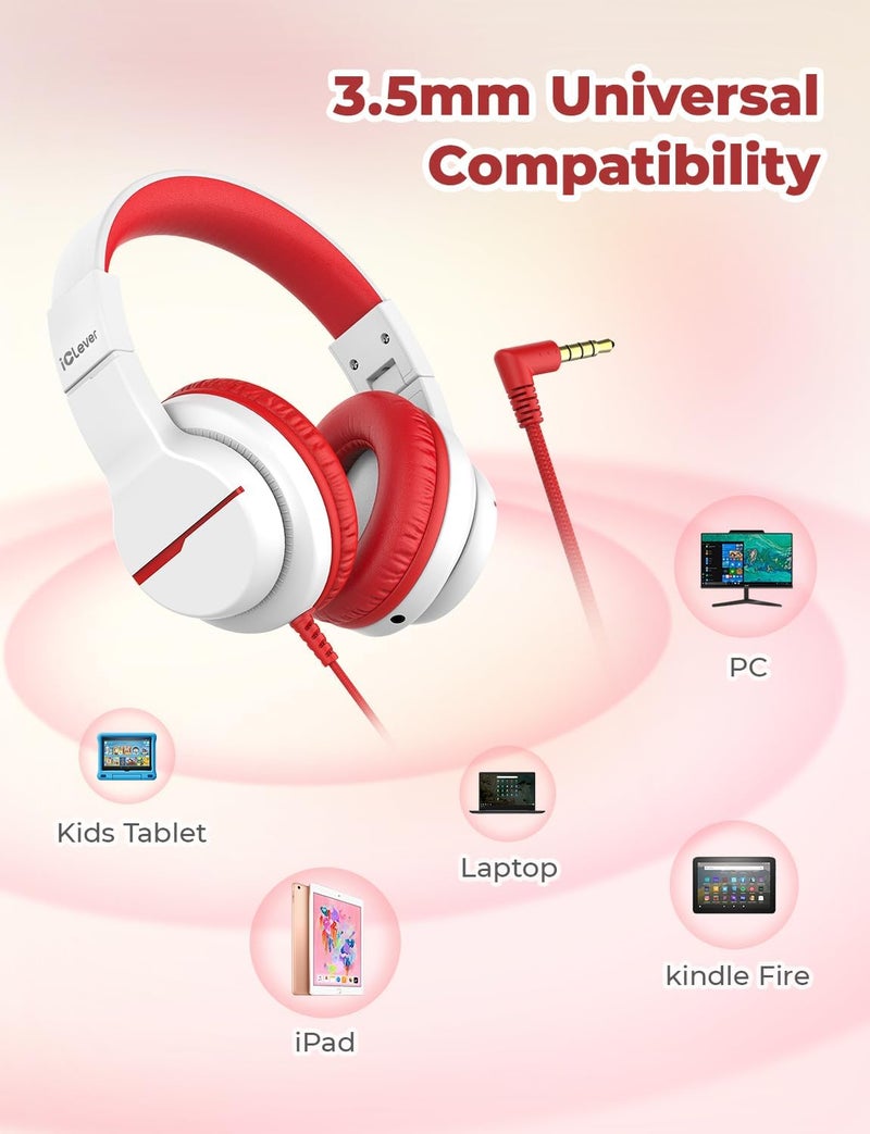 iClever HS19 Kids Headphones with Microphone, 74/85dBA Volume Limiter - Shareport - Over Ear Stereo Headphones for Kids Boys Girls, Foldable 3.5mm Jack Wired Headphone for iPad/School/Travel, White - Image 5