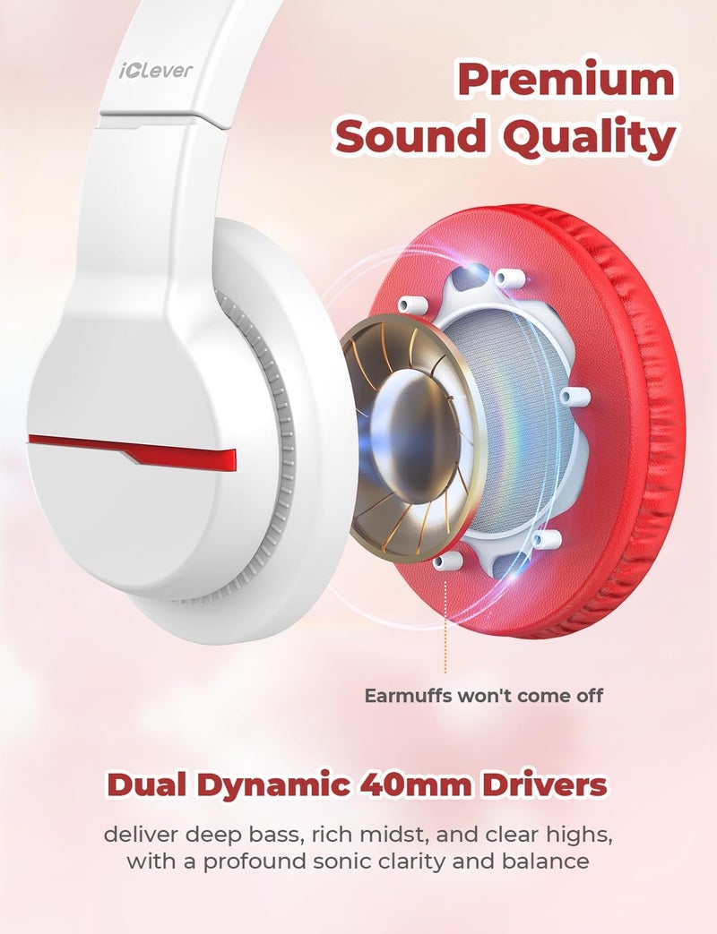 iClever HS19 Kids Headphones with Microphone, 74/85dBA Volume Limiter - Shareport - Over Ear Stereo Headphones for Kids Boys Girls, Foldable 3.5mm Jack Wired Headphone for iPad/School/Travel, White - Image 4