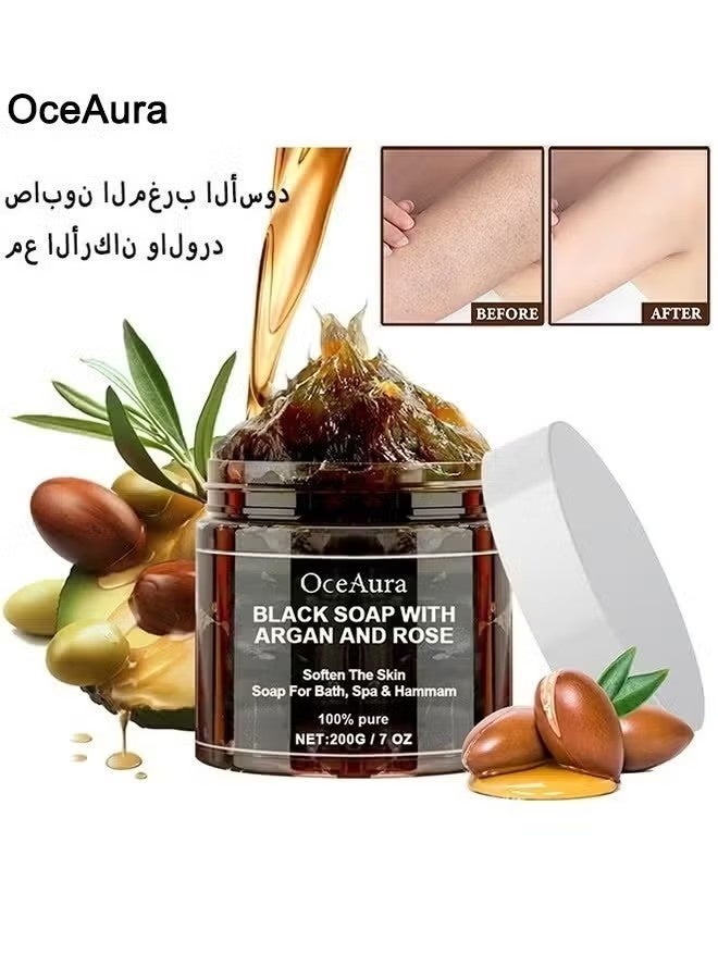  اوساورا المغرب الأسود Beldi الصابون مع الأرغان والوردة, الأرغان الأسود الصابون, المغرب الجسم فرك, الجسم تقشير فرك مع قفاز, التنظيف العضوي, تقشير - Image 1