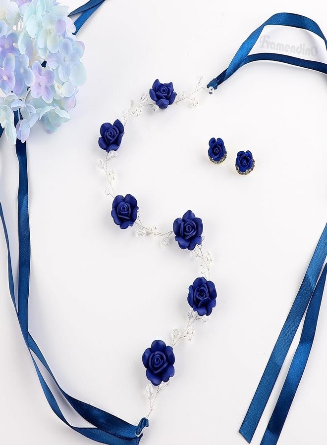 Framendino, Blue Bridal Headband Crystal Flower Crown Wedding Headpiece with Earring Rose Hair Vine for Women - Image 5