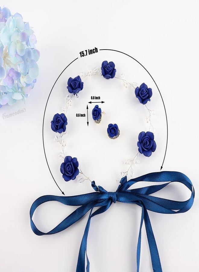 Framendino, Blue Bridal Headband Crystal Flower Crown Wedding Headpiece with Earring Rose Hair Vine for Women - Image 3