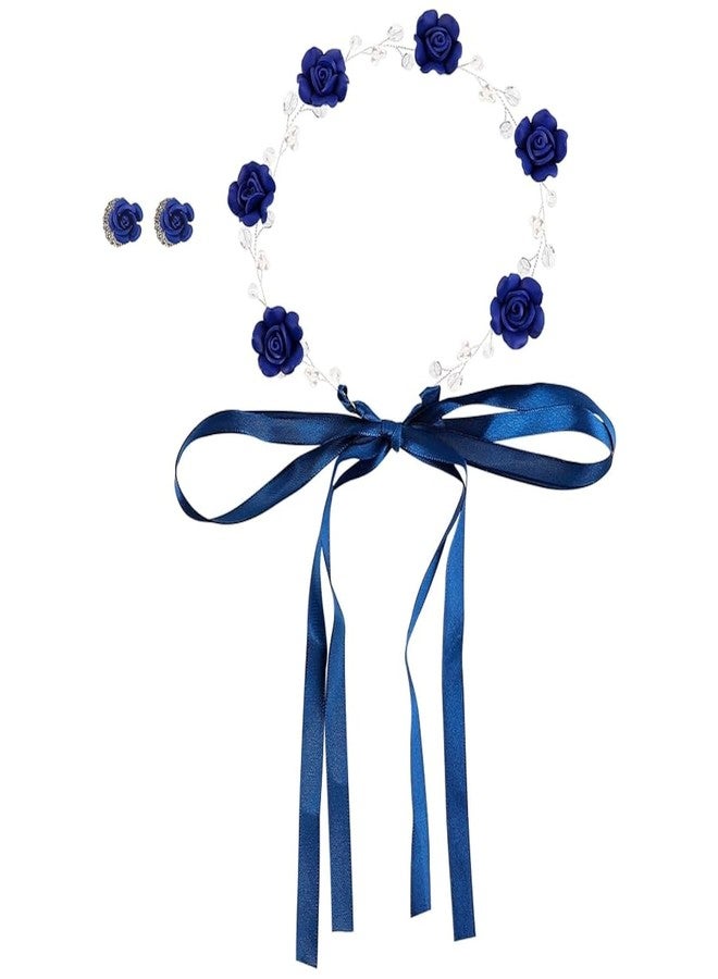Framendino, Blue Bridal Headband Crystal Flower Crown Wedding Headpiece with Earring Rose Hair Vine for Women - Image 1