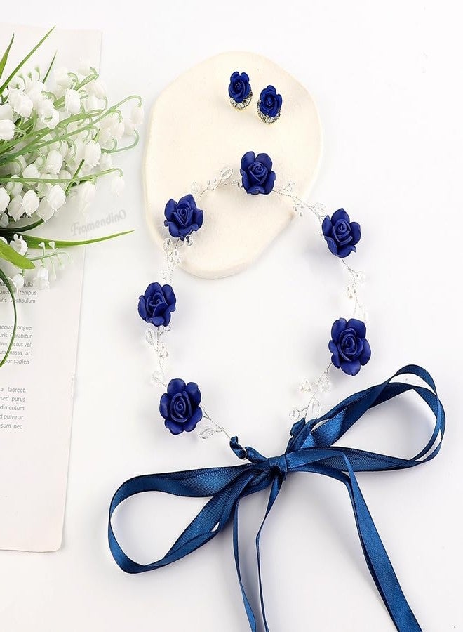 Framendino, Blue Bridal Headband Crystal Flower Crown Wedding Headpiece with Earring Rose Hair Vine for Women - Image 4
