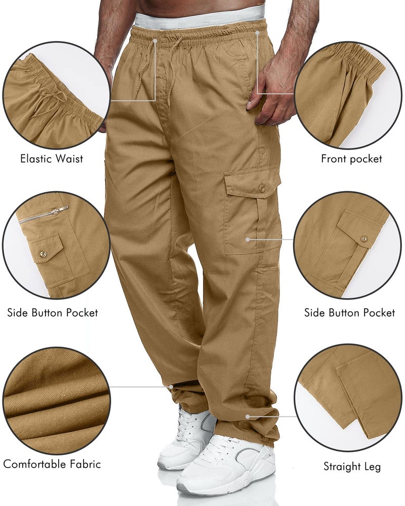Rela Bota Men's Cargo Pants Relaxed Fit Sport Pants Jogger Sweatpants Drawstring Outdoor Trousers with Pockets Khaki M - Image 3
