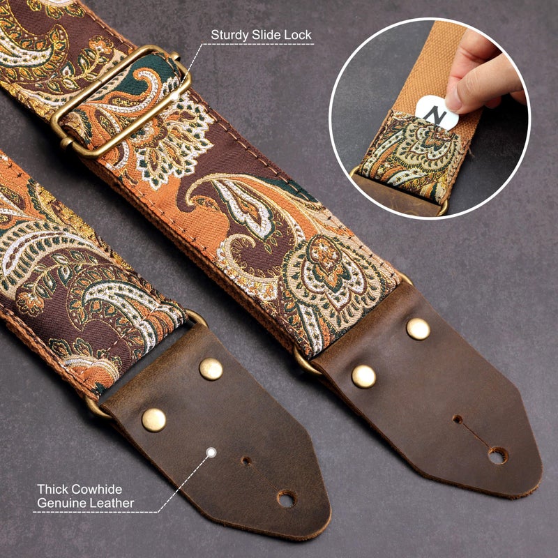 Nefelibata Guitar Strap,Crazy Horse Leather Jacquard Embroidery Cotton Guitar Straps for Bass, Electric & Acoustic, Best Gifts for Guitarists(Golden Silk Brown Flower) - Image 3