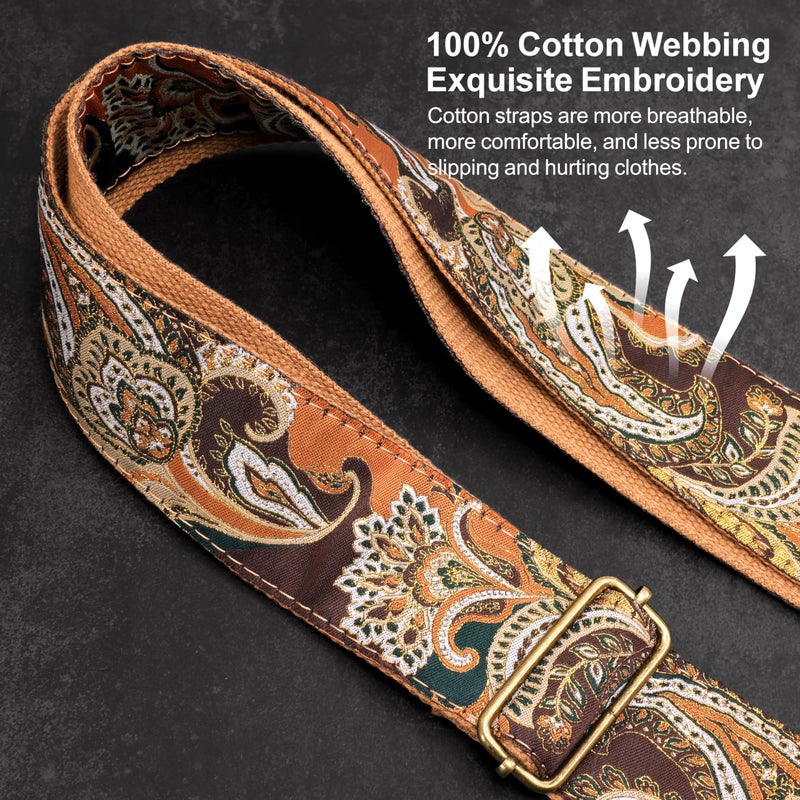 Nefelibata Guitar Strap,Crazy Horse Leather Jacquard Embroidery Cotton Guitar Straps for Bass, Electric & Acoustic, Best Gifts for Guitarists(Golden Silk Brown Flower) - Image 4
