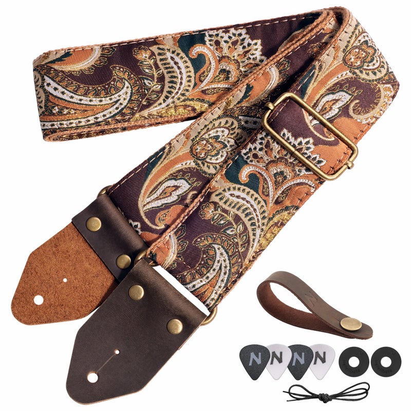 Nefelibata Guitar Strap,Crazy Horse Leather Jacquard Embroidery Cotton Guitar Straps for Bass, Electric & Acoustic, Best Gifts for Guitarists(Golden Silk Brown Flower) - Image 1