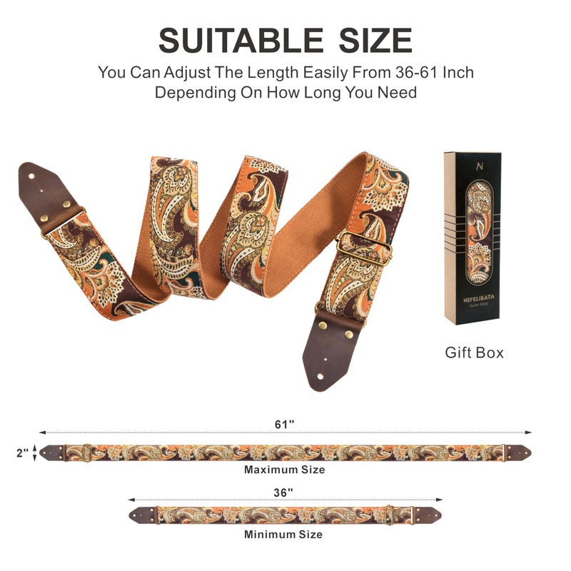 Nefelibata Guitar Strap,Crazy Horse Leather Jacquard Embroidery Cotton Guitar Straps for Bass, Electric & Acoustic, Best Gifts for Guitarists(Golden Silk Brown Flower) - Image 5