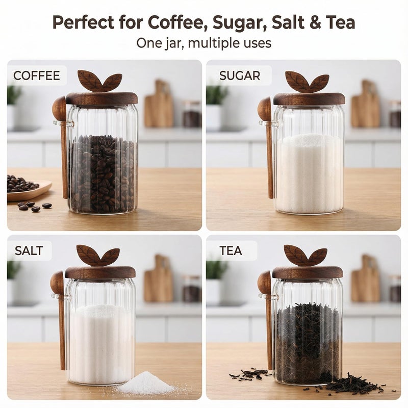 Splotiva Glass Coffee Canister with Wooden Lid & Spoon, Airtight Food Storage Jar for Coffee, Sugar, Salt, Tea & Snacks (17floz) - Image 4