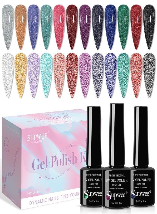 SUPWEE 12 Colors Reflective Glitter Gel Polish - Silver Pink Blue Sparkle Gel Nail Polish Shimmer Holographic Nail Gel Polish Manicure Soak Off Lamp Gel Home DIY Varnish - Image 1