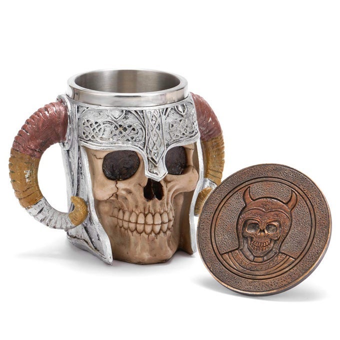 VIKING STAINLESS STEEL SKULL MUG WITH COASTER HORN SKULL BEER TANKARD MEDIEVAL DRINKWARE FOR COFFEE BEVERAGE JUICE 17OZ