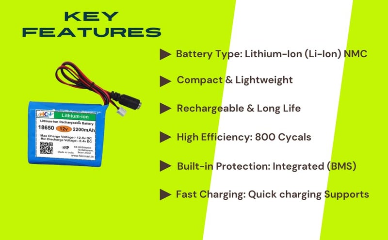 HKN Enterprises 12V 2200mAh Lithium-ion Battery Pack with JST 2.5mm 2-Pin & 5.5mm DC Female Jack | Rechargeable Battery for LED Lights, CCTV, Router Backup, DIY Projects - Image 4