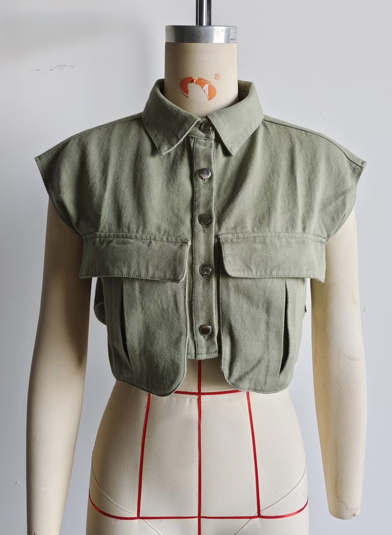 Shougu Sleeveless Cardigan Shirt Imitating Denim Top Jacket For Women - Image 5