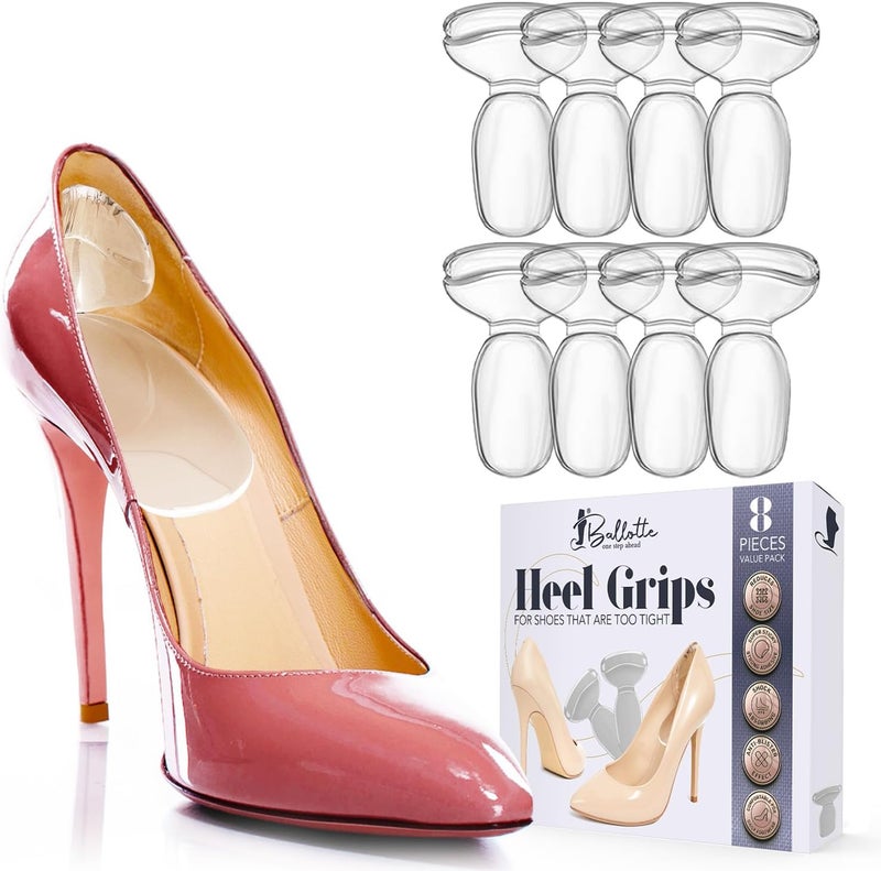 Ballotte Heel Pads for Shoes, Silicone Heel Protectors, Soft Silicone Shoe Inserts for Big Shoes, Alleviates Slipping & Discomfort, Comfortable Cushioning for High Heels, 8-Pack Multicolor (Natural)