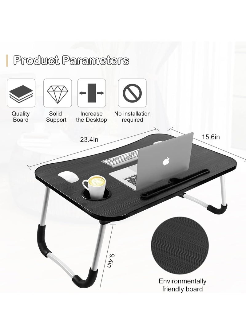 Generic Portable Folding Laptop Desk for Bed With iPad and Cup Holder Adjustable Lap Tray Notebook Stand Foldable Non-Slip Legs Reading Table Tray for Working Studying Camping 60x40x28cm Black  - Image 2