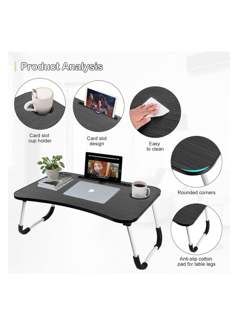 Generic Portable Folding Laptop Desk for Bed With iPad and Cup Holder Adjustable Lap Tray Notebook Stand Foldable Non-Slip Legs Reading Table Tray for Working Studying Camping 60x40x28cm Black  - Image 3