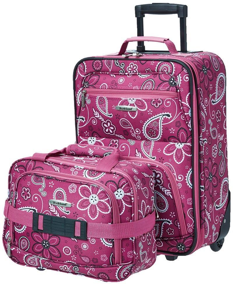 Rockland Fashion Softside Upright Luggage Set, Expandable, Wheel, Telescopic Handle, Pink Bandana, 2-Piece (14/19) - Image 1
