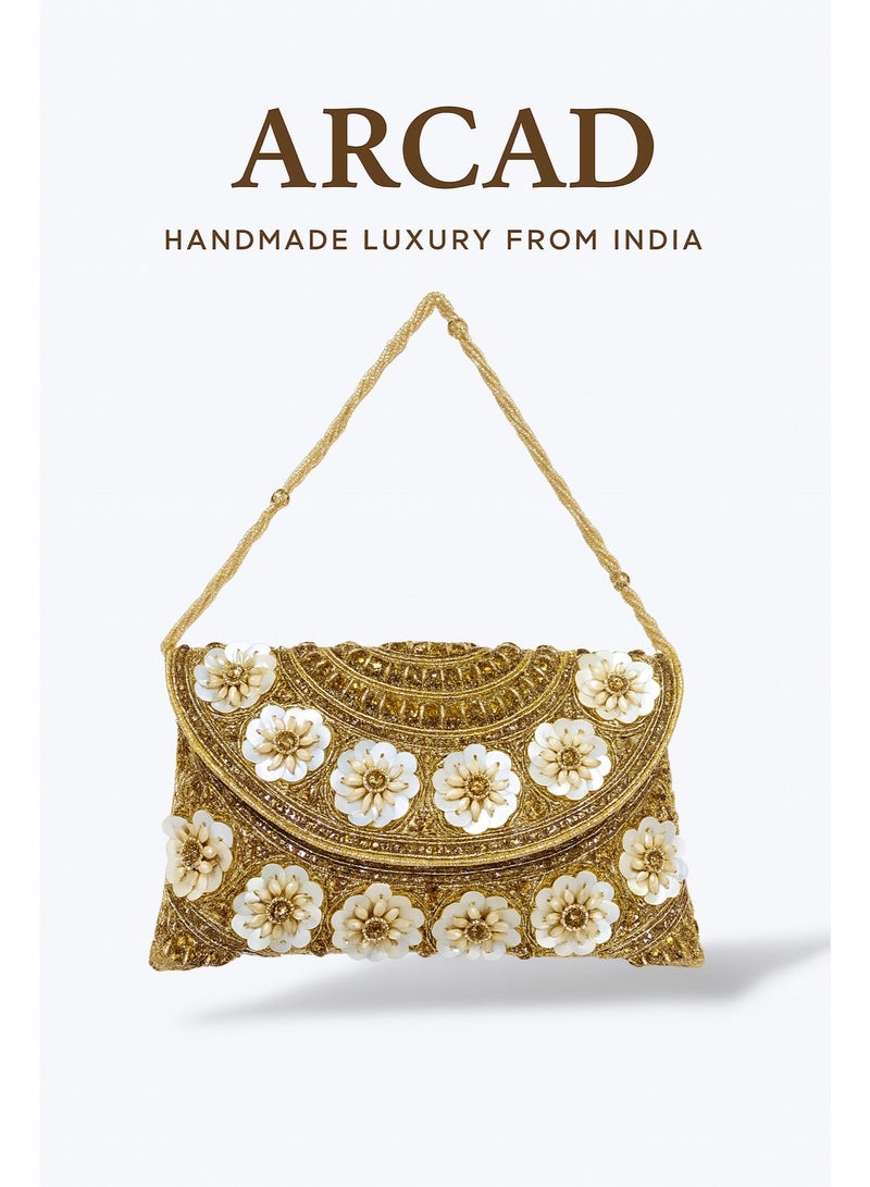 أركاد حقيبة كلاتش زفاف ذهبية من أركاد، مصنوعة يدويًا، مزينة بالخرز، مصنوعة في الهند - Image 4
