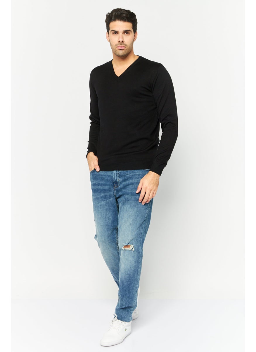 Sorbino - Men V-Neck Plain Knitted Sweater, Black - Image 1