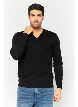 Men V-Neck Plain Knitted Sweater, Black