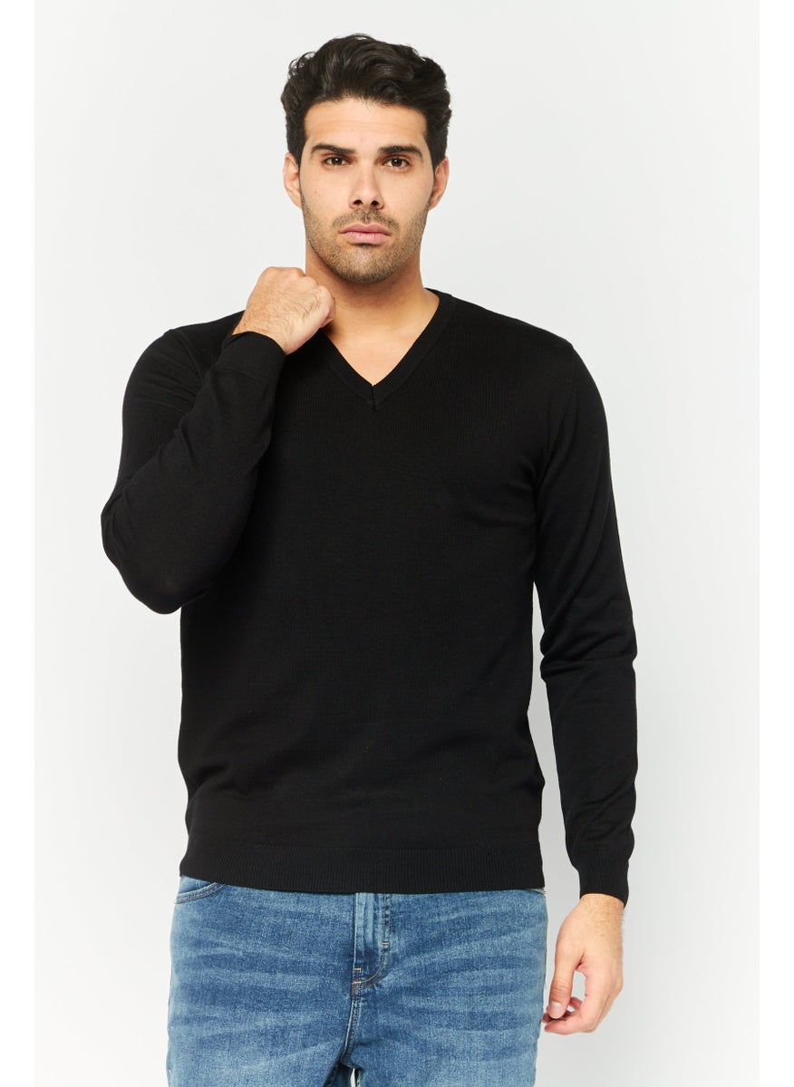 Sorbino - Men V-Neck Plain Knitted Sweater, Black - Image 1
