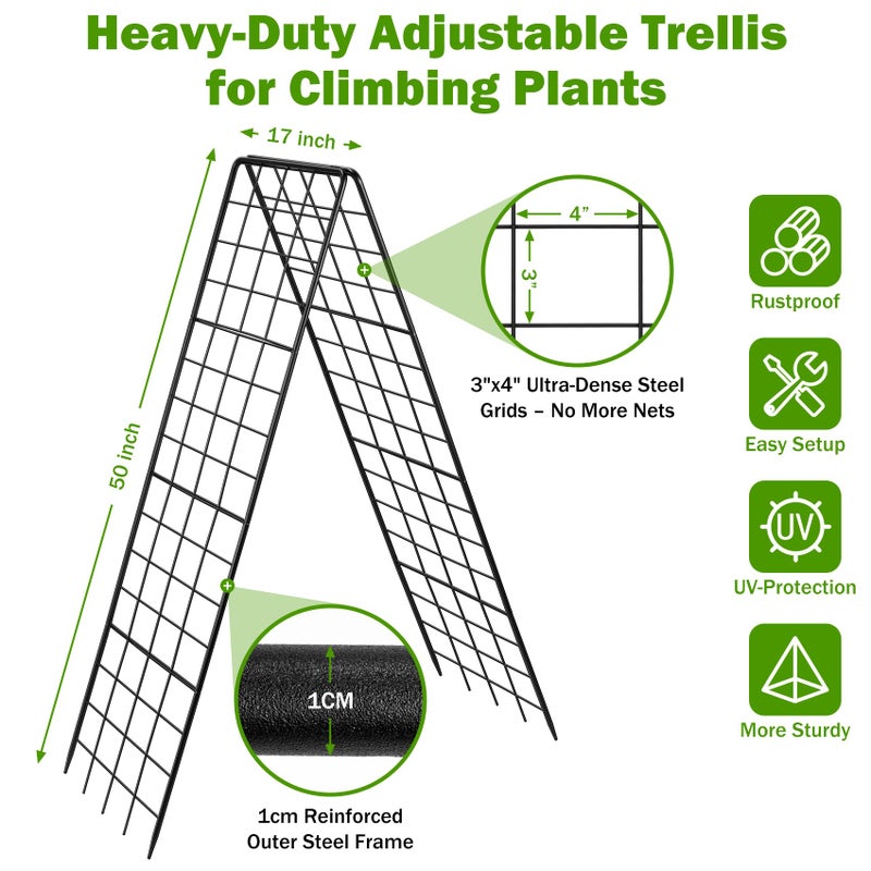 HIHADUUM Heavy Duty 2 Pack 50"x17" Adjustable A-Frame Trellis for Climbing Plants Outdoor, Metal Rust-Proof Garden Trellis, Dense Grid Climbing Frame Trellis for Raised Beds, Cucumber, Tomatoes Outdoor - Image 2