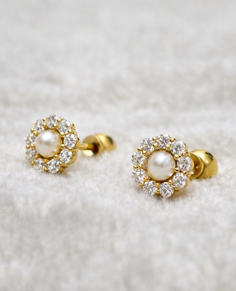 Earss 8mm Flower Pearl Stud Earrings 18K Gold Plated with Zircon Halo – Hypoallergenic Ball Lock Stud Earrings for Women & Girls - Image 1