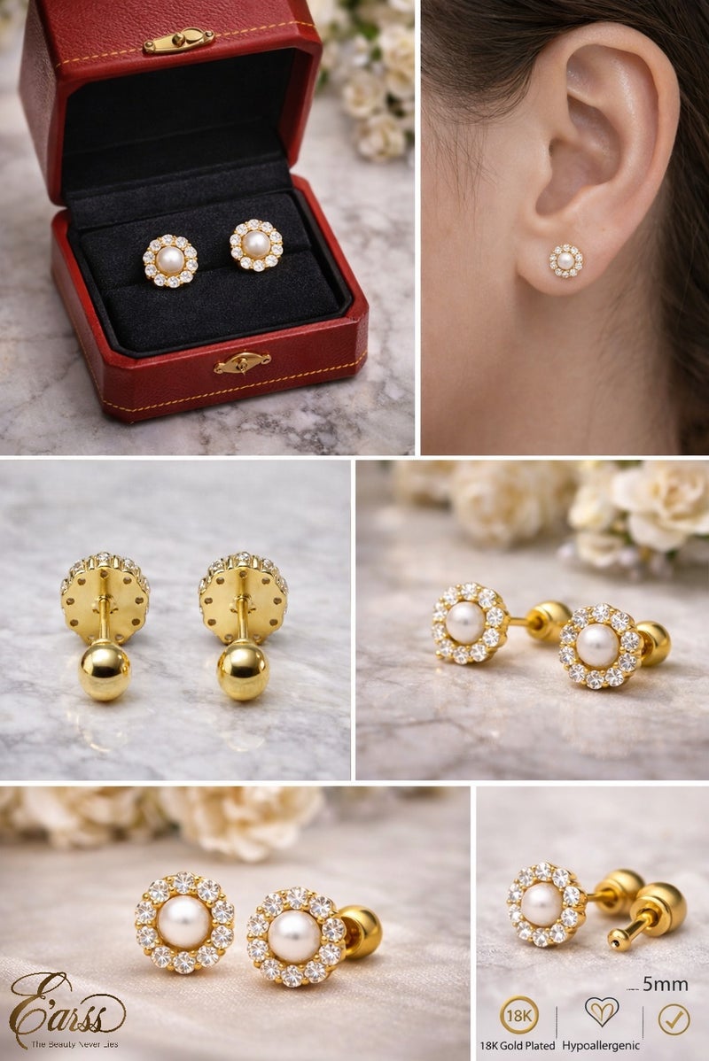 Earss 8mm Flower Pearl Stud Earrings 18K Gold Plated with Zircon Halo – Hypoallergenic Ball Lock Stud Earrings for Women & Girls - Image 2