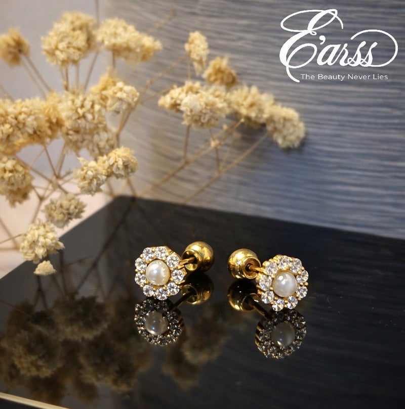 Earss 8mm Flower Pearl Stud Earrings 18K Gold Plated with Zircon Halo – Hypoallergenic Ball Lock Stud Earrings for Women & Girls - Image 4