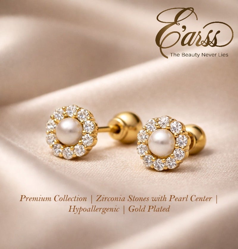 Earss 8mm Flower Pearl Stud Earrings 18K Gold Plated with Zircon Halo – Hypoallergenic Ball Lock Stud Earrings for Women & Girls - Image 3