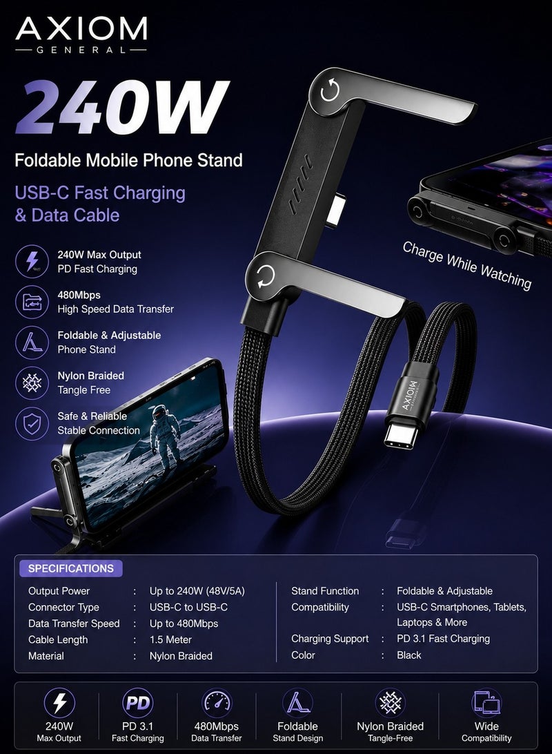 اكسيوم جنرال كابل شحن سريع USB-C إلى USB-C بقوة 240 واط مع حامل هاتف قابل للطي، كابل مضفر للشحن ومزامنة البيانات بطول 1.5 متر، يدعم تقنية الشحن السريع (PD)، ومتوافق مع الهواتف الذكية والأجهزة اللوحية وأجهزة الكمبيوتر المحمولة المزودة بمنفذ USB-C. - Image 1