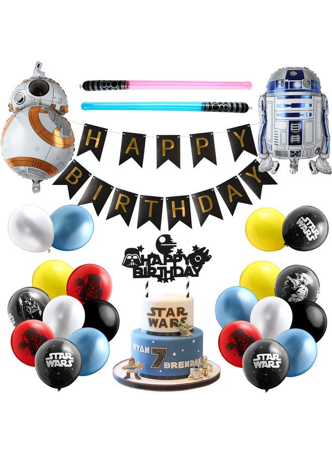 Haooryx 35PCS Galaxy Wars Birthday Party Favor Supplies for Kids, Black Series Birthday Banner Darth Vader Cake Topper Decoration Latex Balloons War Lightsaber BB8 Robot Aluminum Foil balloons - Image 1
