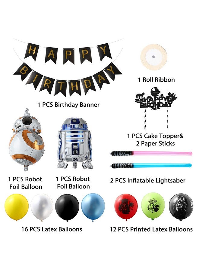 Haooryx 35PCS Galaxy Wars Birthday Party Favor Supplies for Kids, Black Series Birthday Banner Darth Vader Cake Topper Decoration Latex Balloons War Lightsaber BB8 Robot Aluminum Foil balloons - Image 2