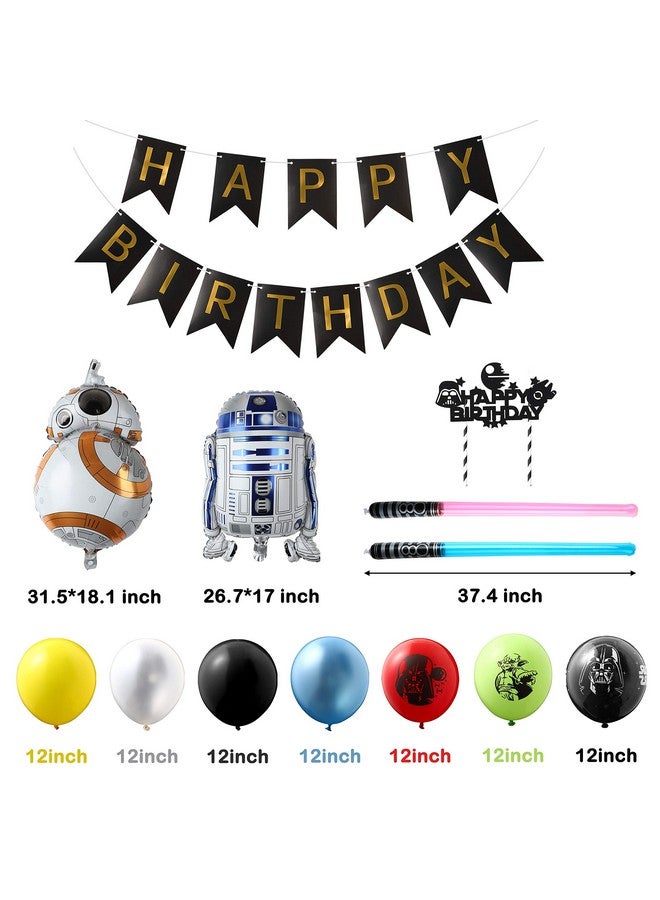 Haooryx 35PCS Galaxy Wars Birthday Party Favor Supplies for Kids, Black Series Birthday Banner Darth Vader Cake Topper Decoration Latex Balloons War Lightsaber BB8 Robot Aluminum Foil balloons - Image 3