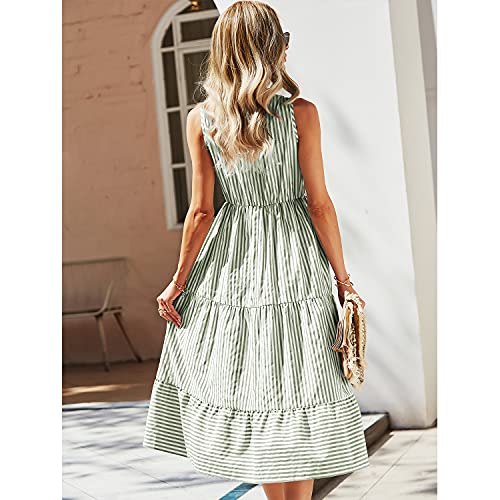 BROVAVE Womens 2025 Summer Sleeveless Shirt Dress Collar Striped V Neck Casual Midi Dresses Green - Image 3