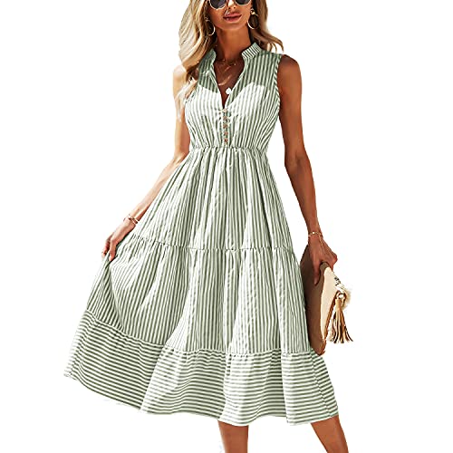 BROVAVE Womens 2025 Summer Sleeveless Shirt Dress Collar Striped V Neck Casual Midi Dresses Green - Image 1