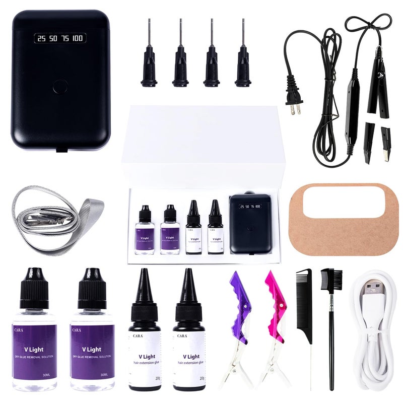 Cara V Light Hair Extensions Kit Mini V Light Hair Extension Set With V Light Lamp1 V light glue2 Hair Extensions Remover2 VLight Remover Machine1 comb1 clip2 for Salon HairstylesBlack machine set